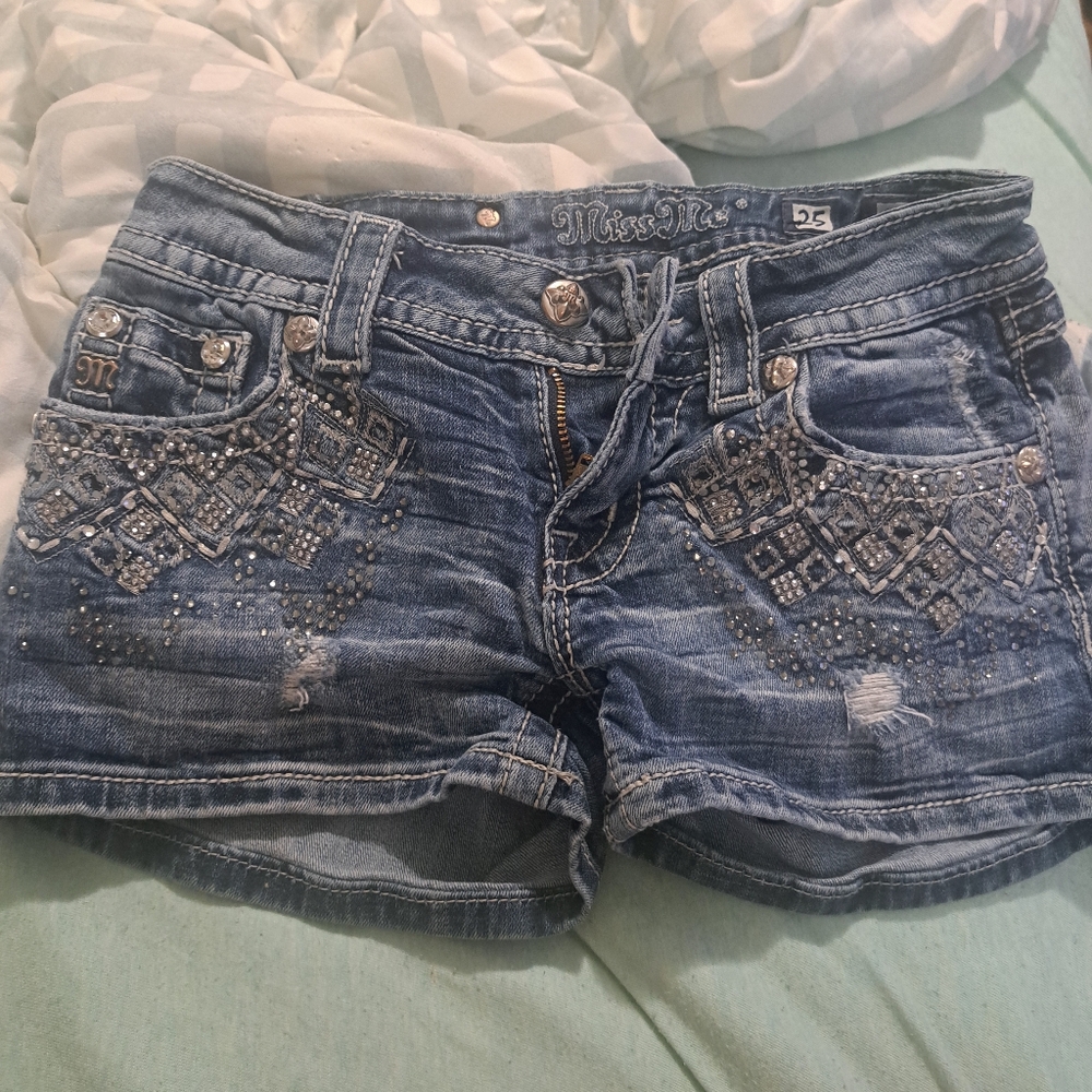 Miss Me Blue Denim Shorts with Silver Embellishments